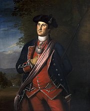 Painting of Washington, by Charles Wilson Peale, standing in a formal pose, in a colonel's uniform, with right hand inserted in shirt