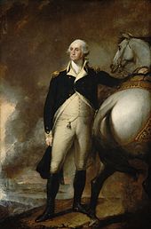 Painting of George Washington at Dorchester Heights, standing next to his white horse