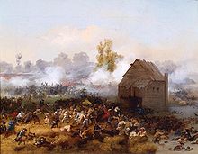 Painting by Alonzo Chappel, 1858, showing frantic battle scene of Battle of Long Island, with smoke in the background