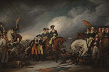 Painting showing Washington on horseback, accepting surrender of Hessian troops after the Battle at Trenton, N.J.