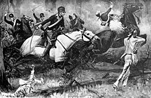 A R.F. Zogbaum scene of the Battle of Fallen Timbers includes Indians taking aim as cavalry soldiers charge with raised swords and one soldier is shot and loses his mount.