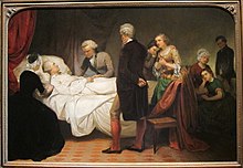The scene of Washington on his deathbed with doctors and family surrounding.