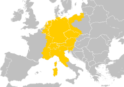   The Holy Roman Empire at its greatest extent during the Hohenstaufen dynasty (11551268) superimposed on modern state borders