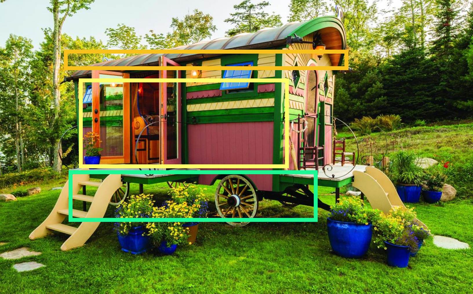A colorful wagon in a garden

Description automatically generated