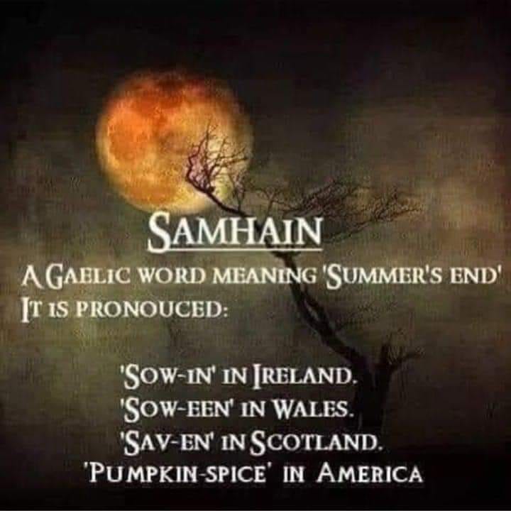 Image may contain: text that says 'SAMHAIN AGAELIC WORD MEANING 'SUMMER'S END' Ir IS PRONOUCED: SOW-IN' IN [RELAND SOW-EEN' IN WALES 'SAV-EN' IN SCOTLAND 'PUMPKIN SPICE IN AMERICA'