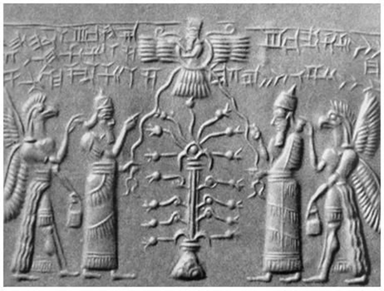 Two hawk-faced beings stand behind them bearing fruit from the Tree in one  hand and the Tablets of Destiny i | Ancient sumerian, Ancient sumer,  Ancient mesopotamia