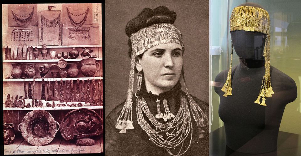 Schliemann identified a hoard of gold objects he found at the site as Priams Treasure, including a pair of gold diadems, referred to as the Jewels of Helen. He smuggled them out of Turkey and, in an ill-judged publicity stunt, had his wife photographed wearing much of the jewelry. The works were looted again by the Red Army during the Second World War, and are now in the Pushkin Museum in Moscow