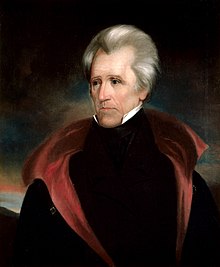 A portrait of Andrew Jackson, serious in posture and expression, with a grey-and-white haired widow's peak, wearing a red-collared black cape.